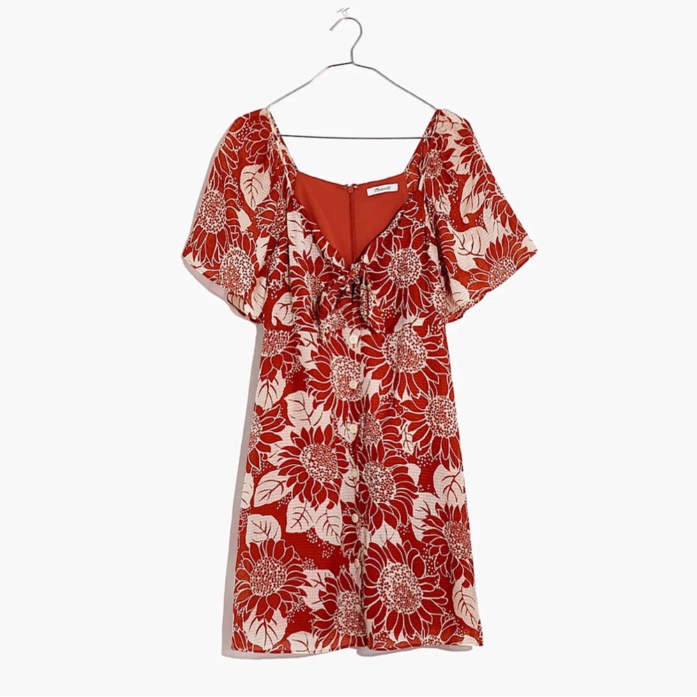 (SOLD) Madewell Sunflower Season Silk Floral Tie Front Mini Dress Burnt Sienna